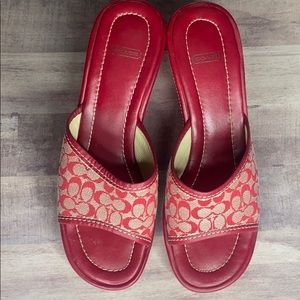 Coach Signature Red Leather Slip on Wedge Sandals
